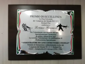 La foto rappresenta l’Attestato Certificato e il Premio di Eccellenza ottenuto alla Dog University del Campione del Mondo Richard Flor nel 1988 e rilasciato a Lorenzo Gnerucci della Dog City Scuola Addestramento Cani Roma - www.dogcity.it